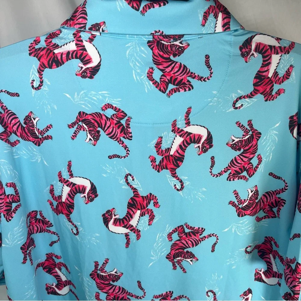 Bad Birdie Men's Tiger Watch Golf Polo Shirt Light Blue and‎ Red Size XL